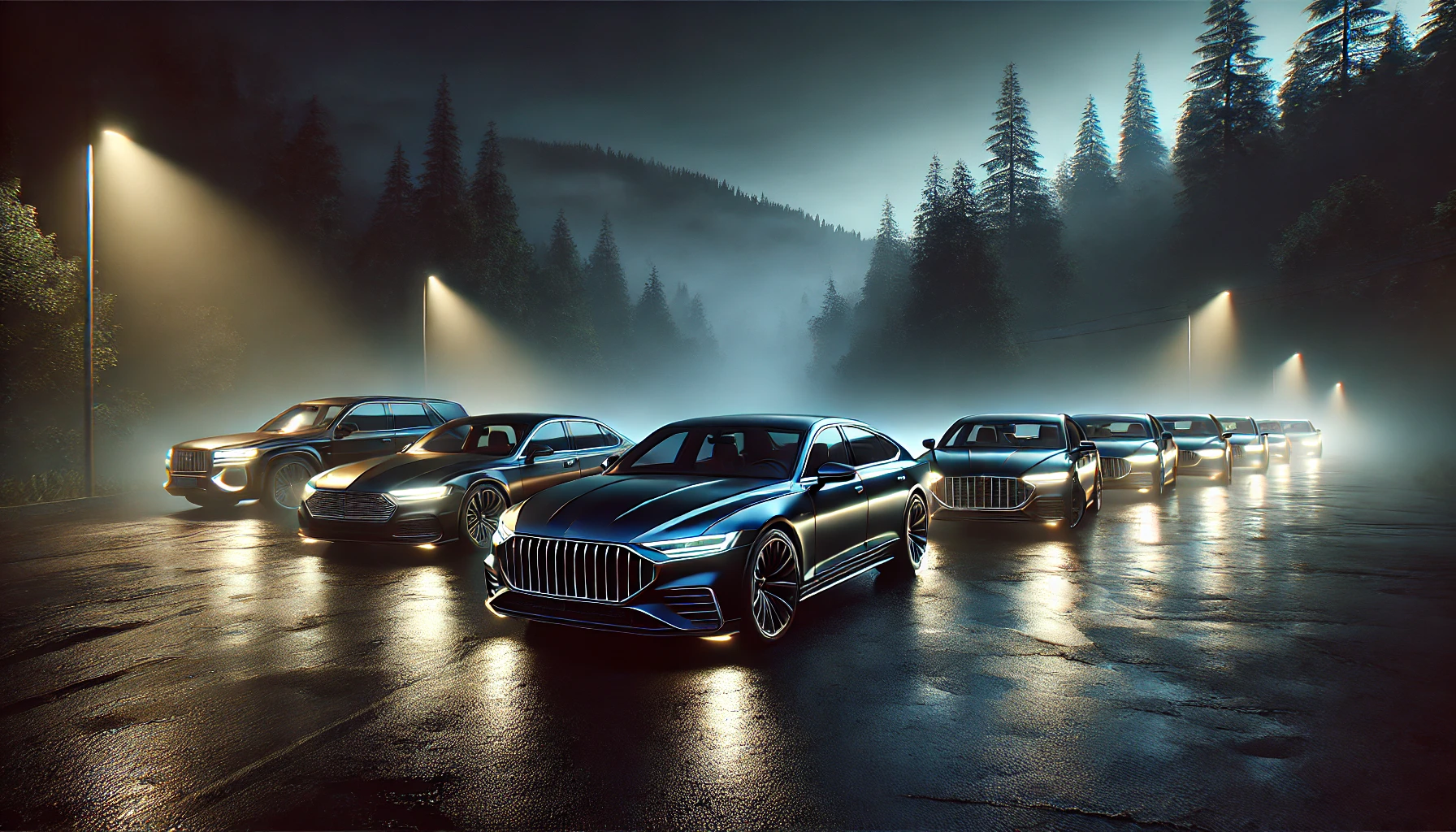 DALL·E 2025-03-10 20.52.04 - A realistic nighttime scene featuring four luxury-style cars parked on a misty, dimly lit mountain road. The vehicles—sleek and modern in black, gunme
